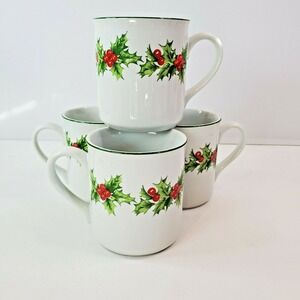 Schmidt Porcelana Brasil Holly Christmas Collectible Coffee Tea Cup Mugs Set 4